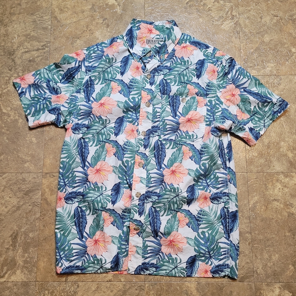 Duluth Trading Co BBQ Hawaiian Shirt Mens Small SS Button Down Floral Relaxed